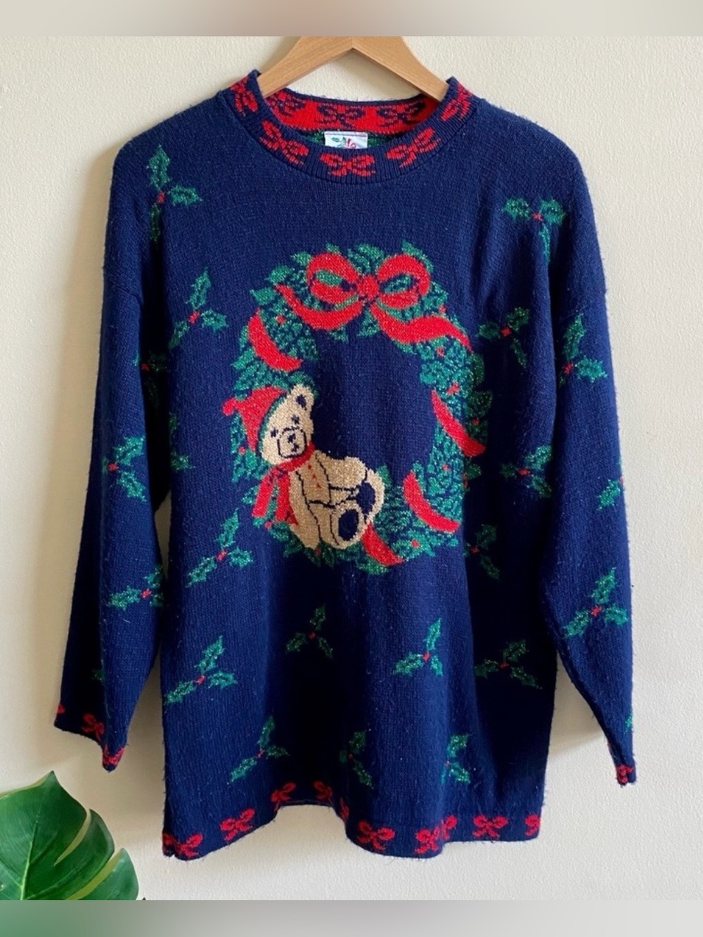 Vintage Nutcracker Bear Wreath Sweater 1980's Holiday Women's Size Small